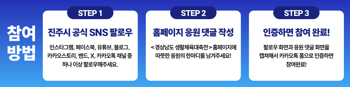 참여방법: STEP1 진주시 공식 SNS 팔로우, STEP2 홈페이지 응원 댓글 작성, STEP3 인증하면 참여 완료. 참여기간 2026.7.22~7.26, 당첨자 선물 배달의민족 상품권 1만원권 50명